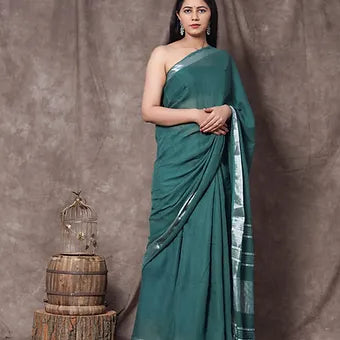 Dark Green Linen Cotton Saree