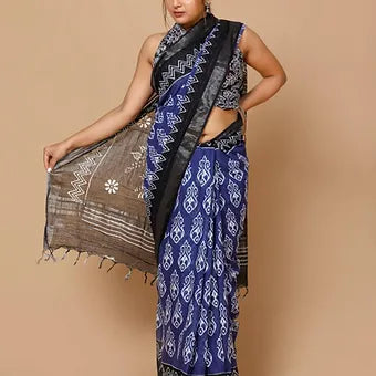 Budget-friendly Dark Blue linen Cotton saree below 1000 for daily wear