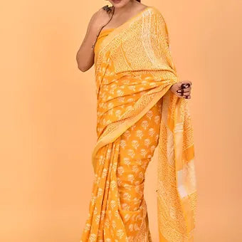 Mango Yellow Linen Saree