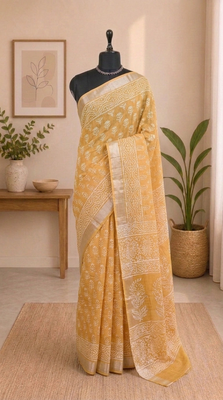 Mango Yellow Linen Cotton Saree