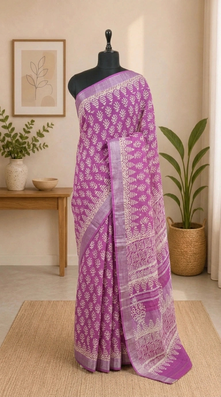 Fuchsia Pink Linen Cotton Saree