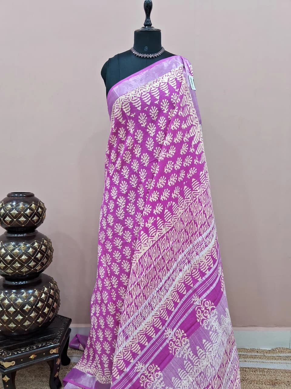 Fuchsia Pink Linen Cotton Saree