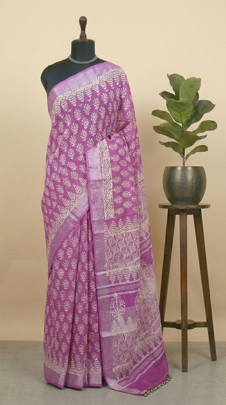 Fuchsia pink linen cotton saree