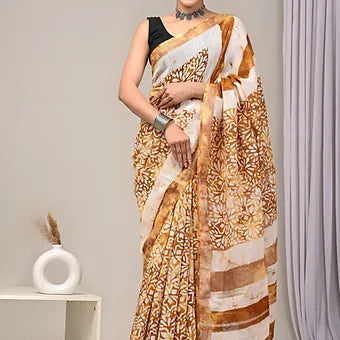 Brown with Light Yellow Linen Saree