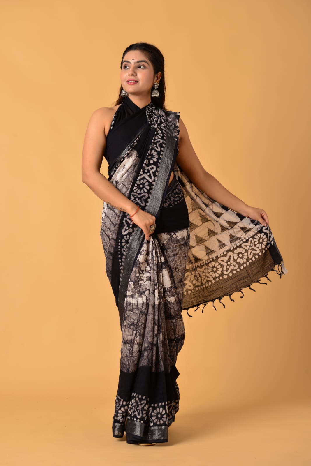 White with grey shibori Linen Saree