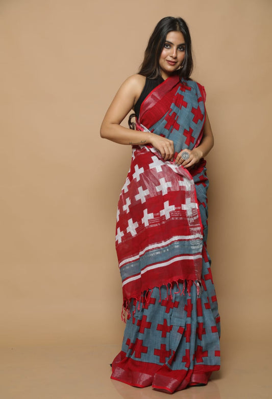 Metal grey Linen Saree