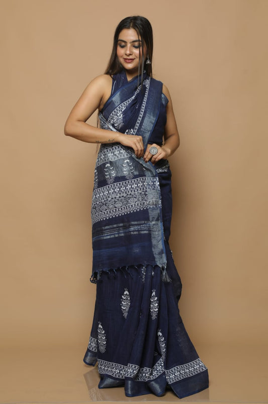 Indigo blue Linen Saree