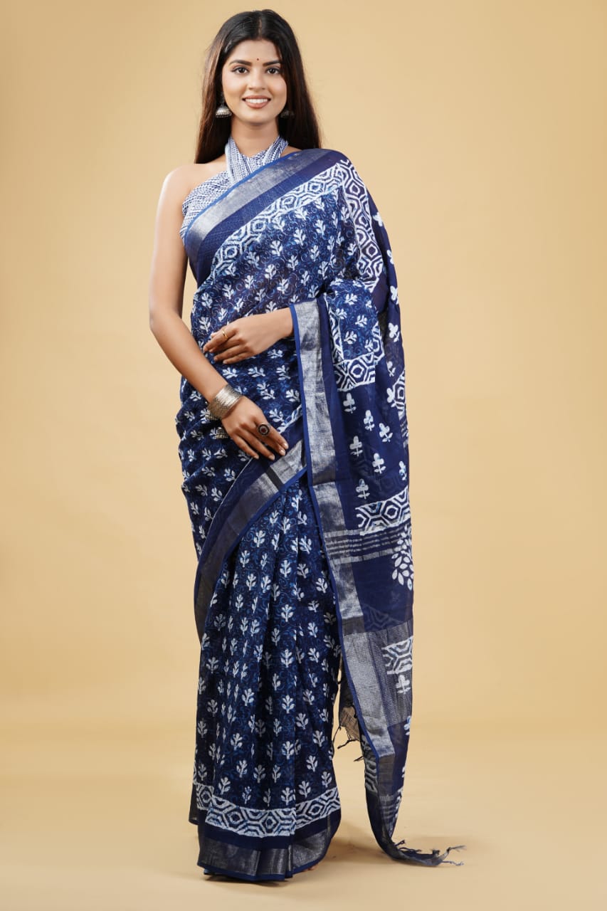 Indigo blue Linen Saree