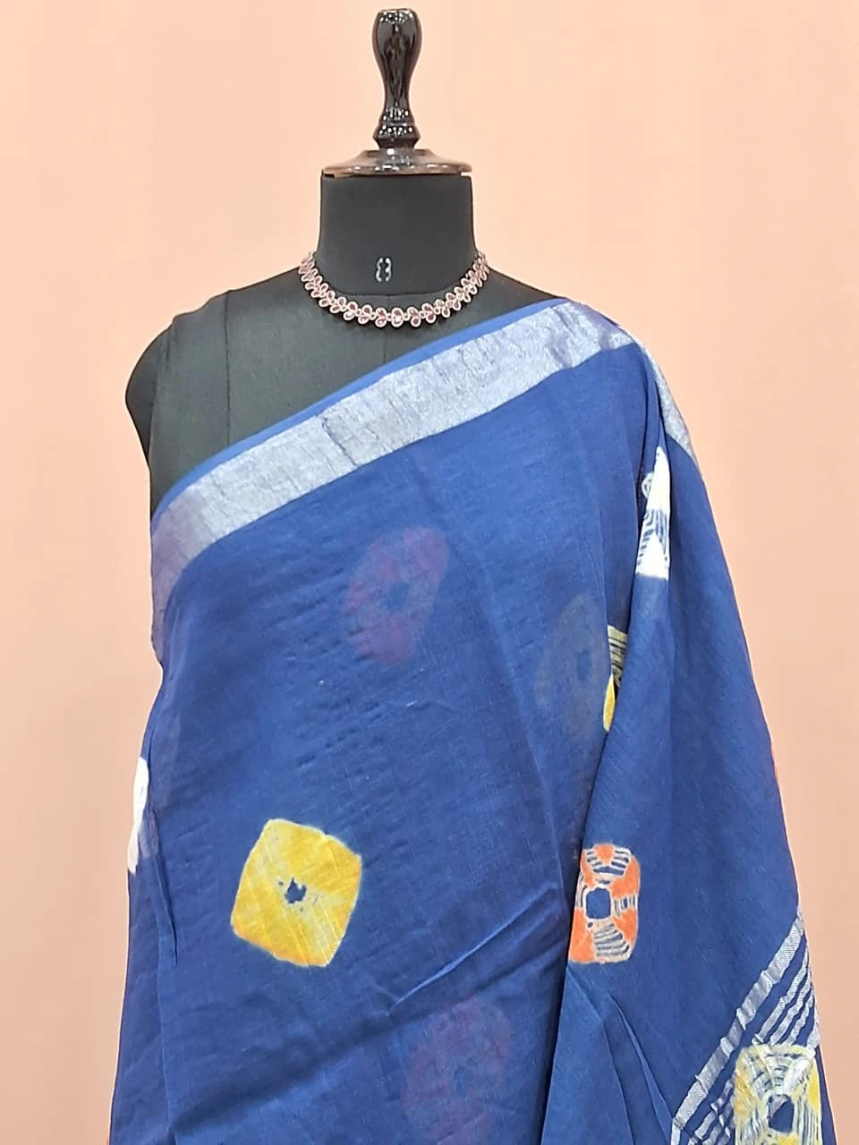 Traditional Glow Dark Blue Linen Cotton Saree 1
