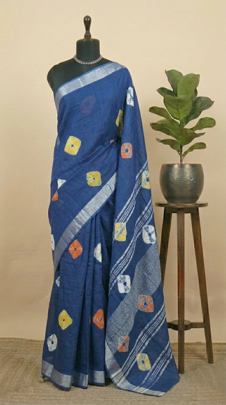 Traditional glow dark blue linen cotton saree
