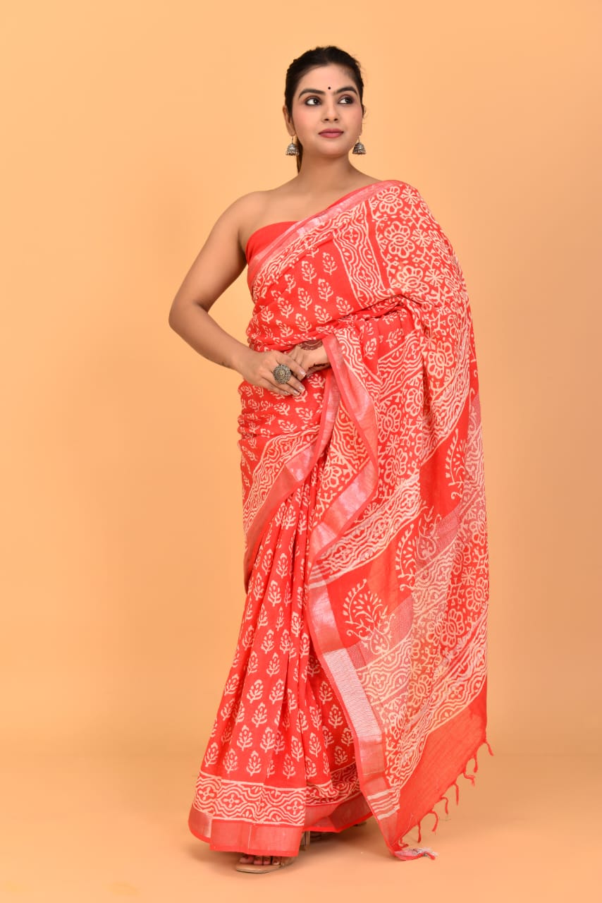 Dark orange Linen Saree