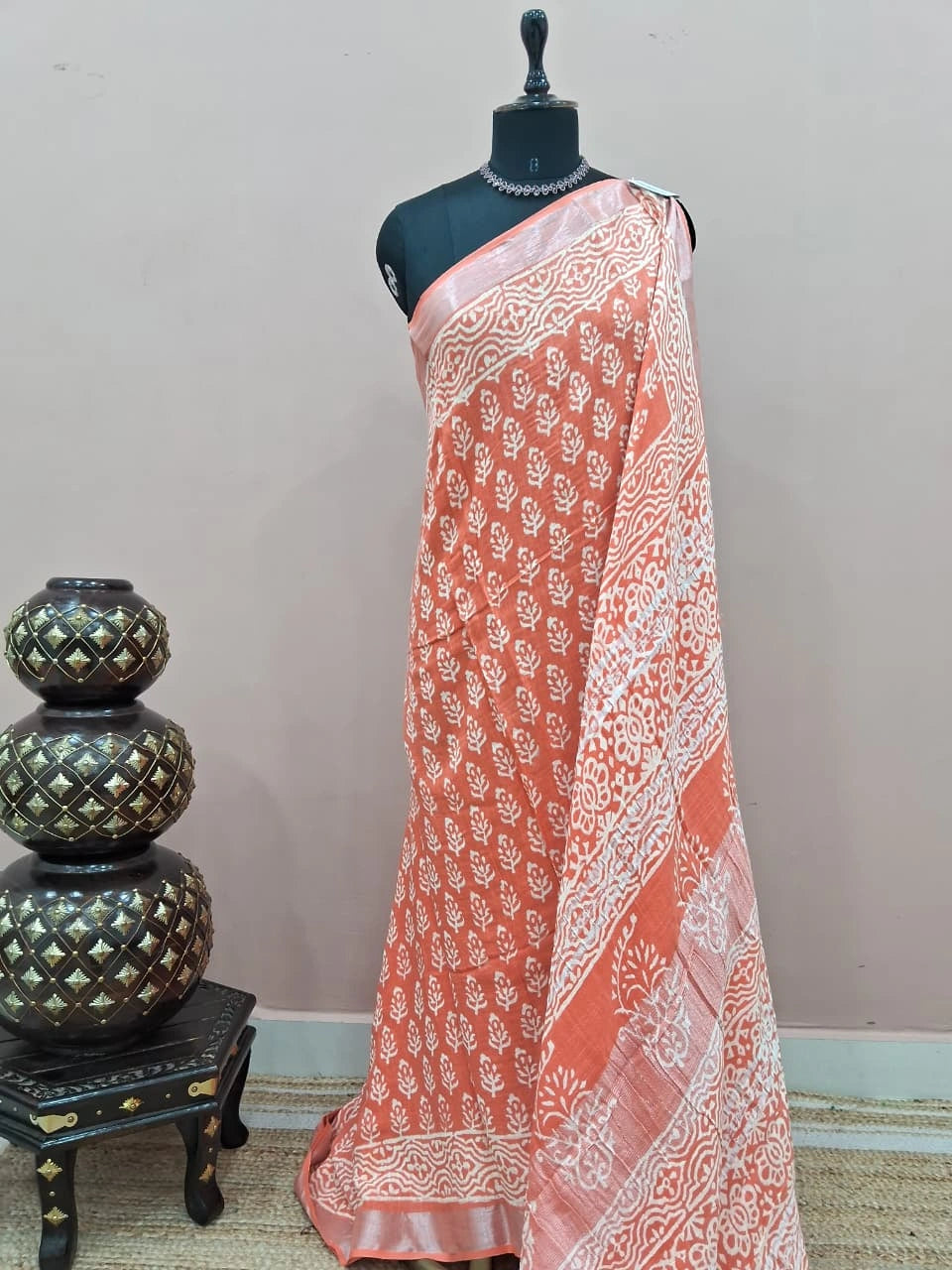 Dark Orange Linen Cotton Saree