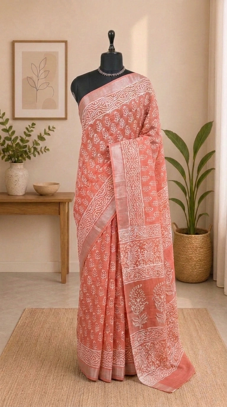 Dark Orange Linen Cotton Saree