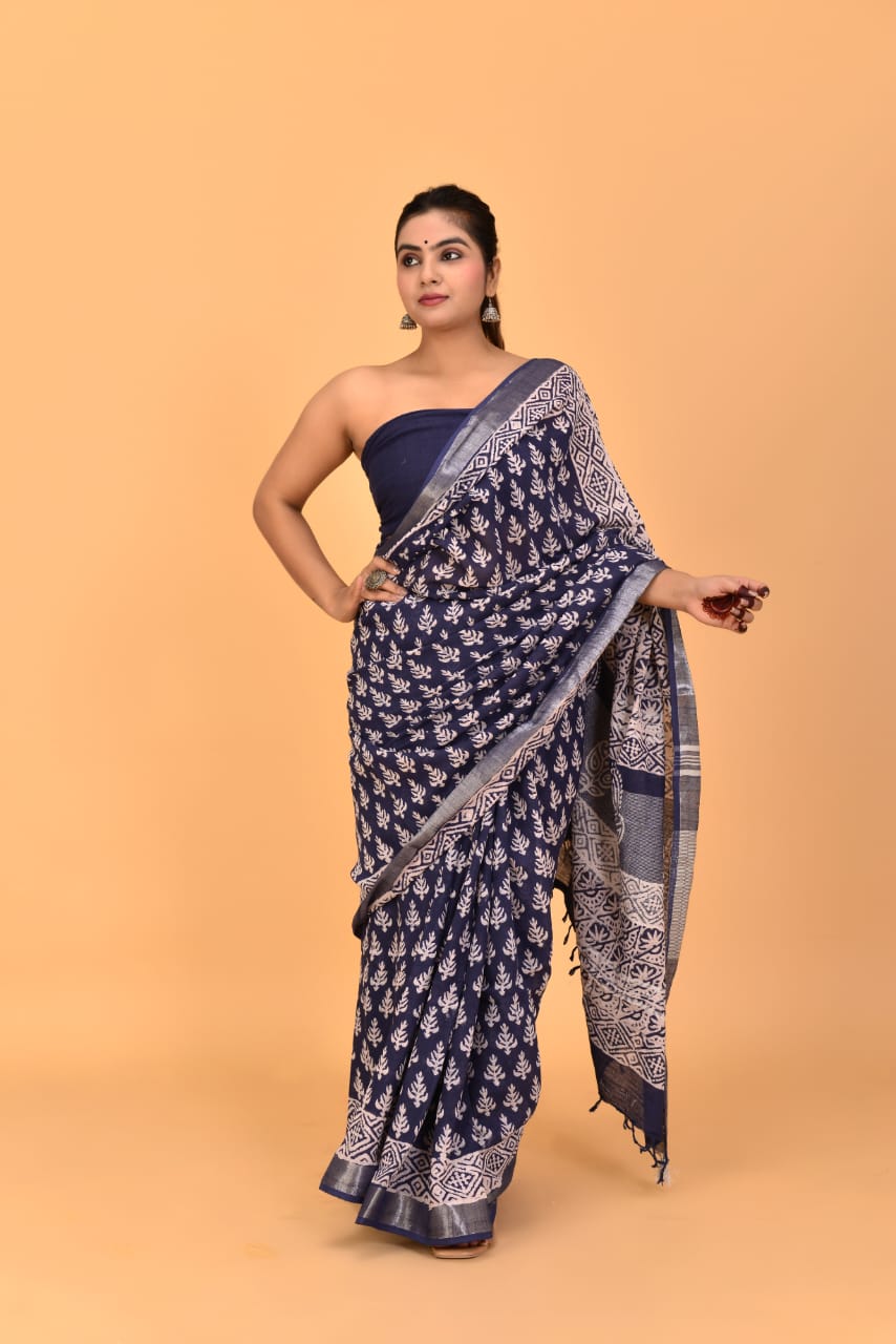 Dark Grey Linen Cotton Saree