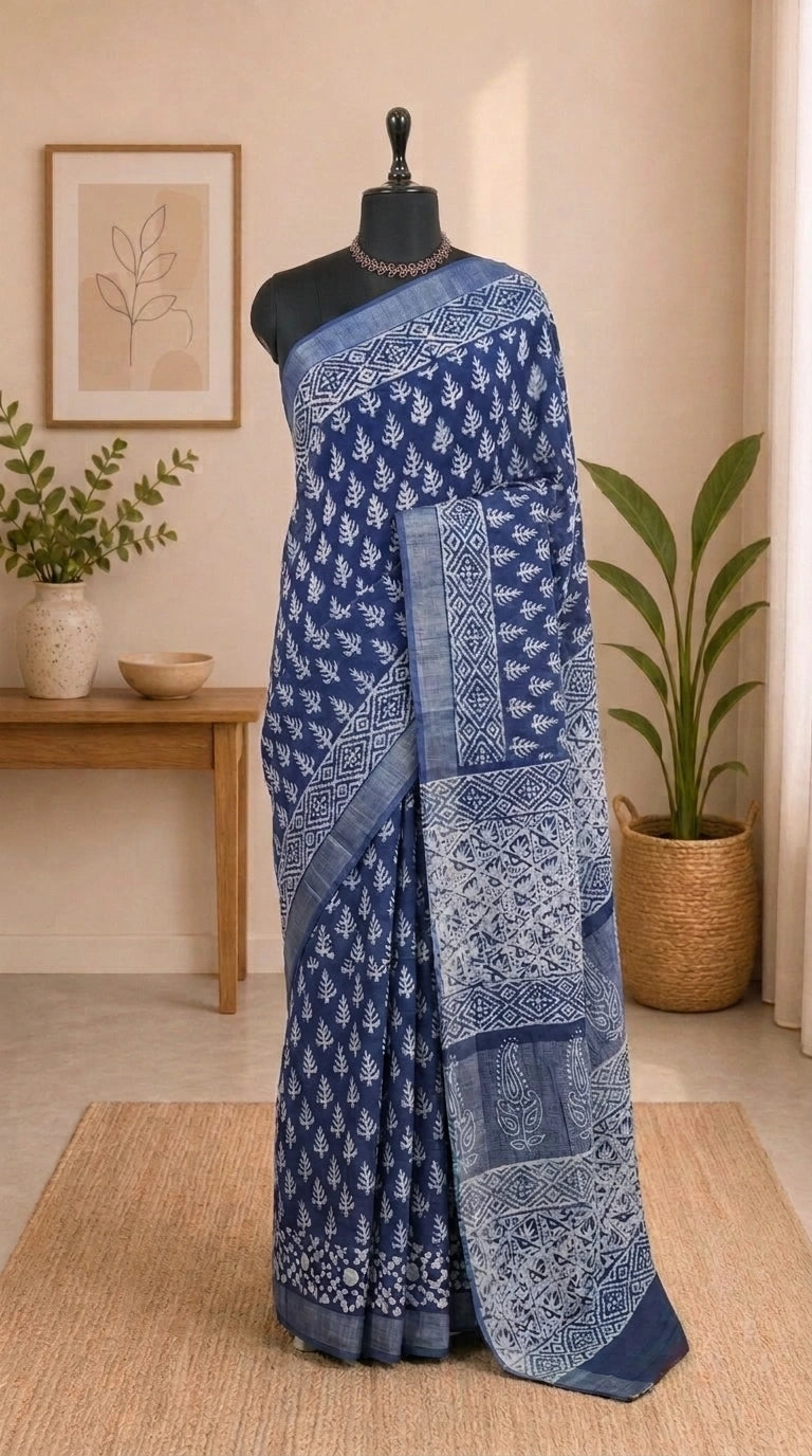 Dark Grey Linen Cotton Saree