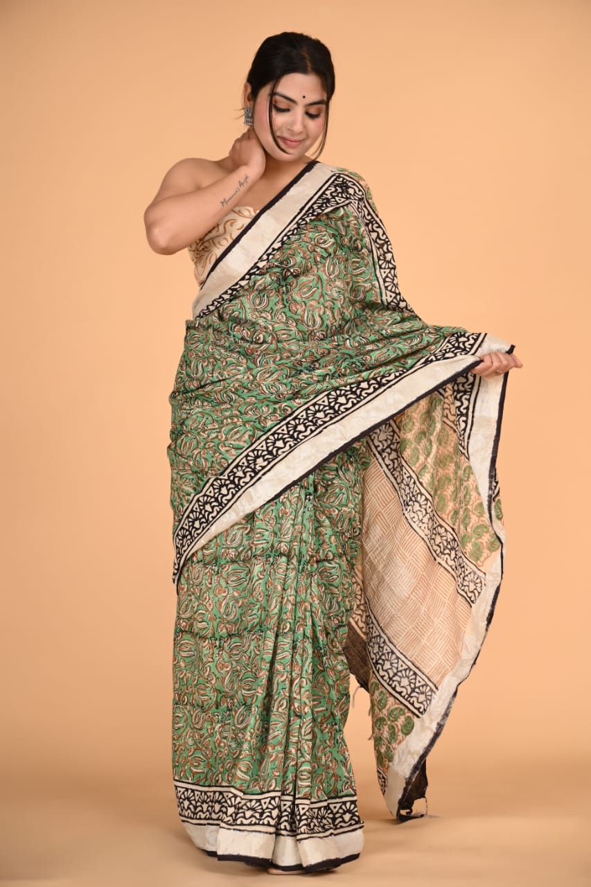 Leaf green Linen Cotton Saree