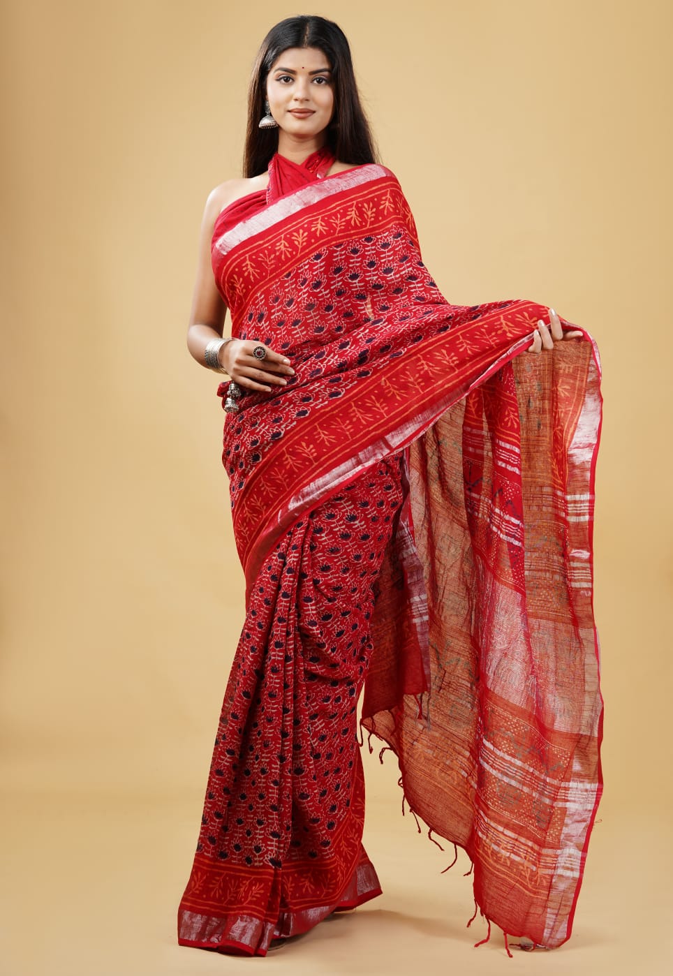 Fire red Linen Saree