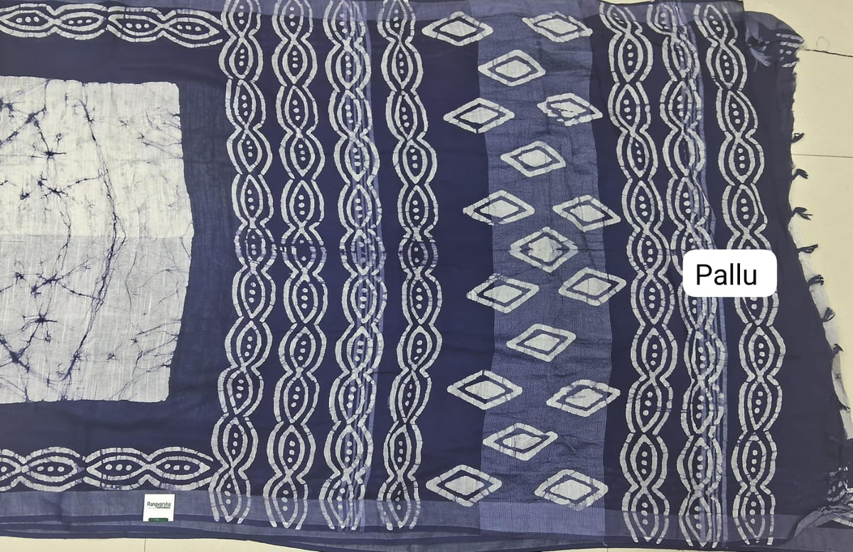 Off-White and dark grey shibori-printed Linen Cotton Saree Pallu