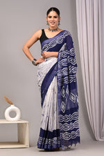 Off-White and dark grey shibori-printed linen cotton saree online in a floral pattern