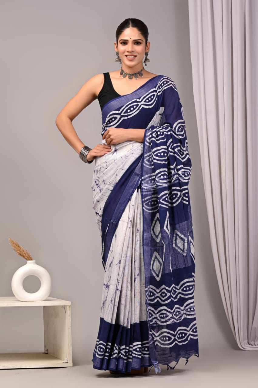 Off-White and dark grey shibori-printed linen cotton saree online in a floral pattern