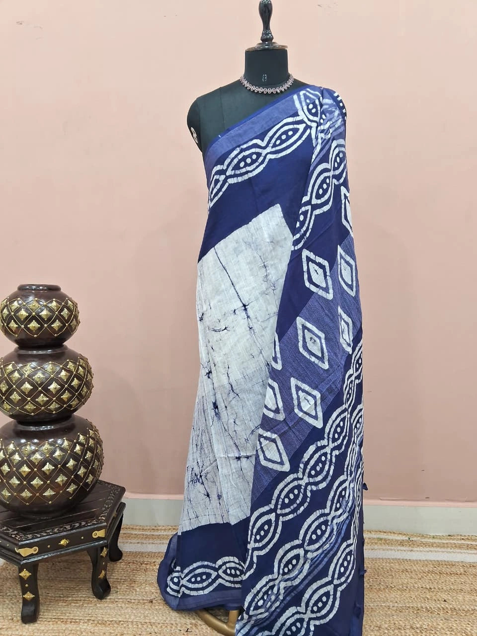 Off-White and dark grey shibori-printed Linen Cotton Saree