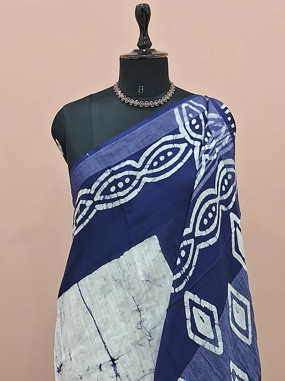 Off-White and dark grey shibori-printed Linen Cotton Saree 1