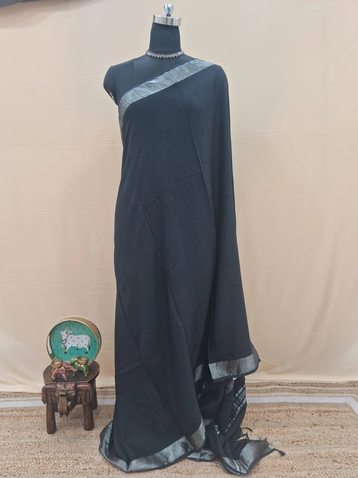 Classic Black Plain Linen Cotton Saree