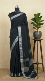 Classic Black Plain Linen Cotton Saree