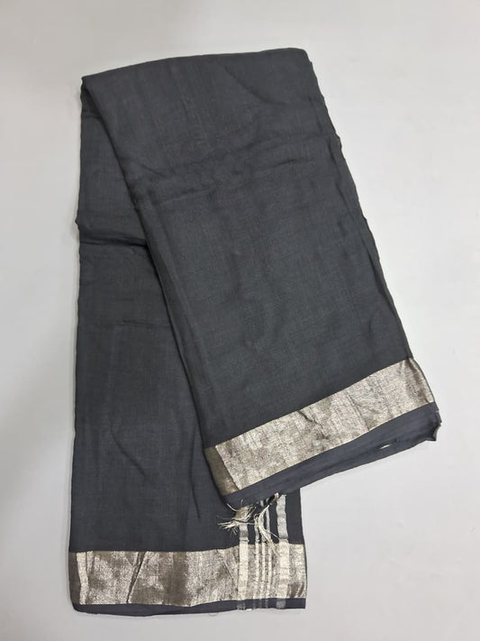 Black Plain Linen Cotton Saree