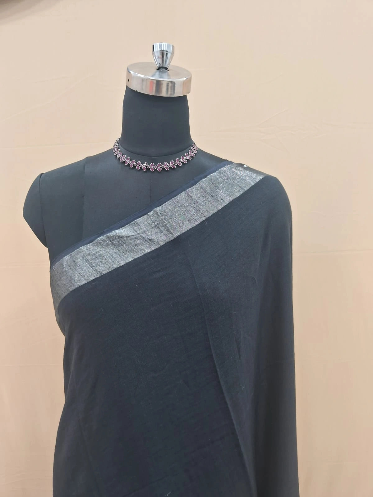 Elegant Black Plain Linen Cotton Saree 1