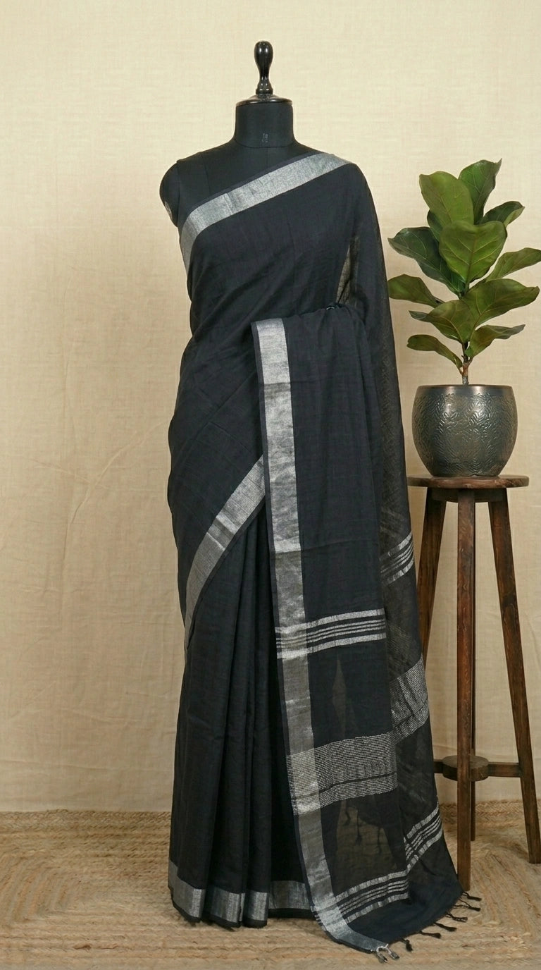 Elegant Black Plain Linen Cotton Saree