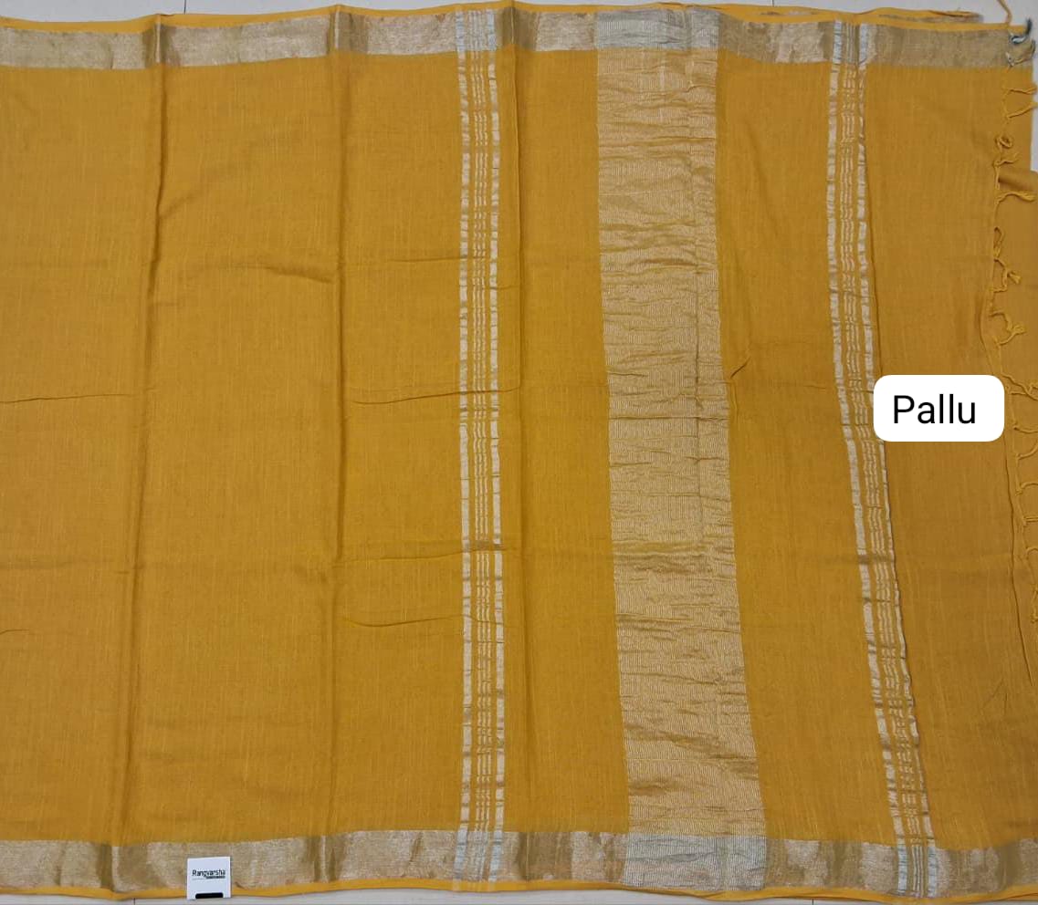 Mustard Yellow Plain Linen Cotton Saree pallu