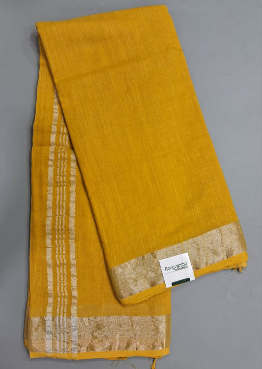 Mustard Yellow Plain Linen Cotton Saree