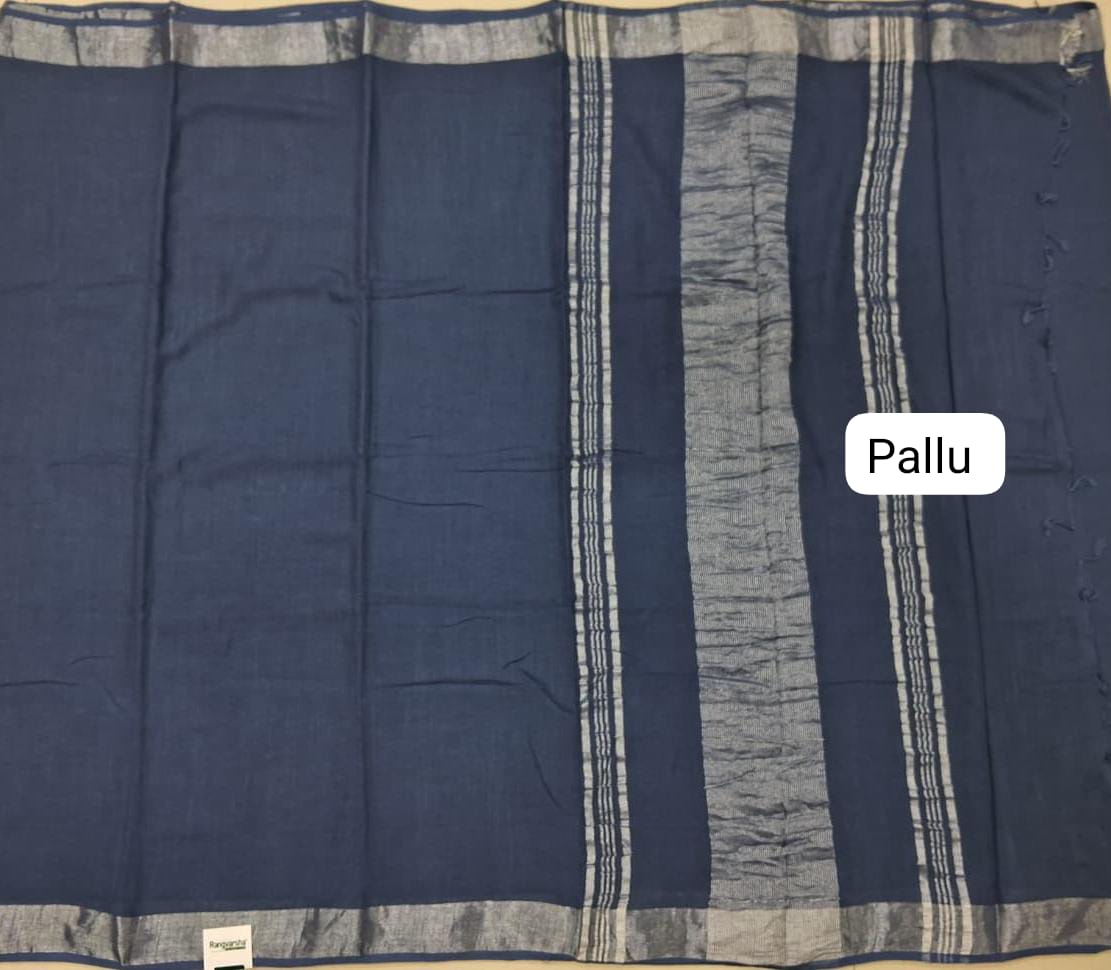 Blue Plain Linen Cotton Saree pallu