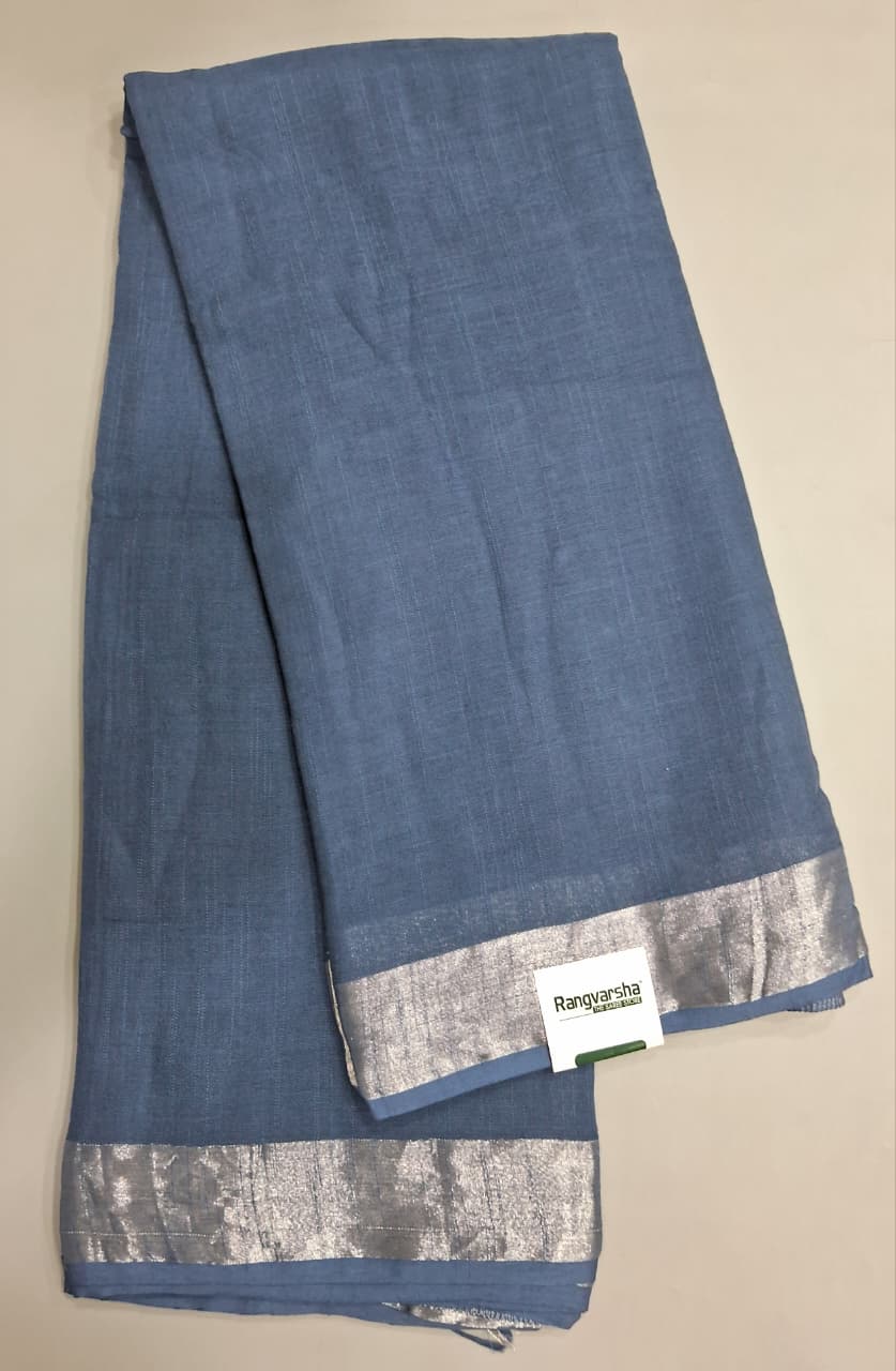 Blue Plain Linen Cotton Saree