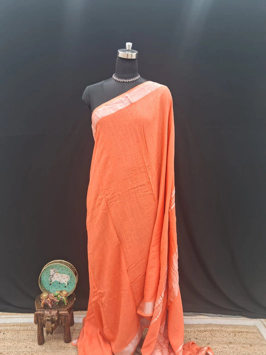 Dark Peach Plain Linen Cotton Saree 