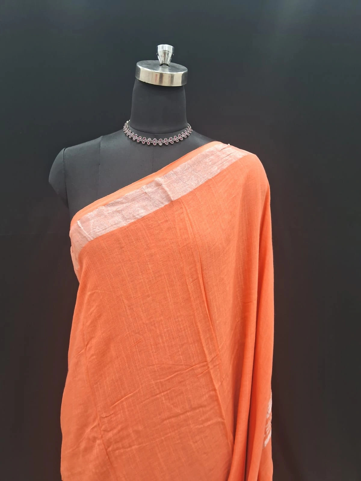 Dark Peach Plain Pure Linen Cotton Saree 