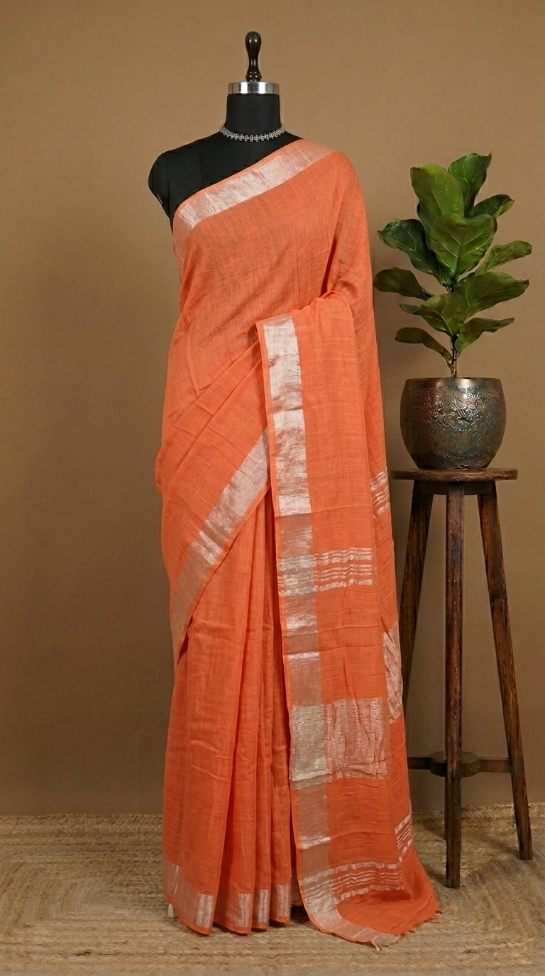 Dark Peach Plain Pure Linen Cotton Saree 