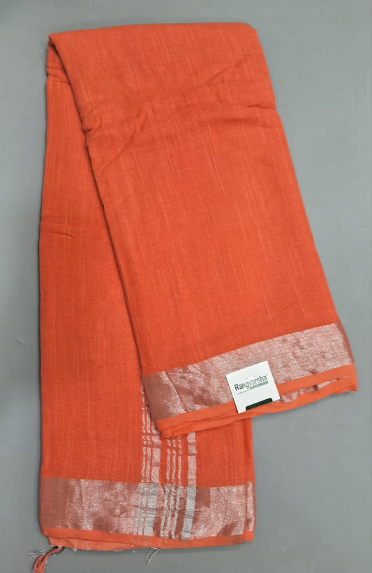 Dark Peach Plain Linen Cotton Saree
