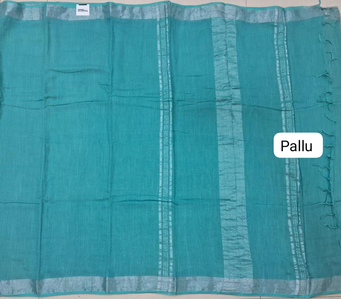 Marine Blue Plain Linen Cotton Saree pallu