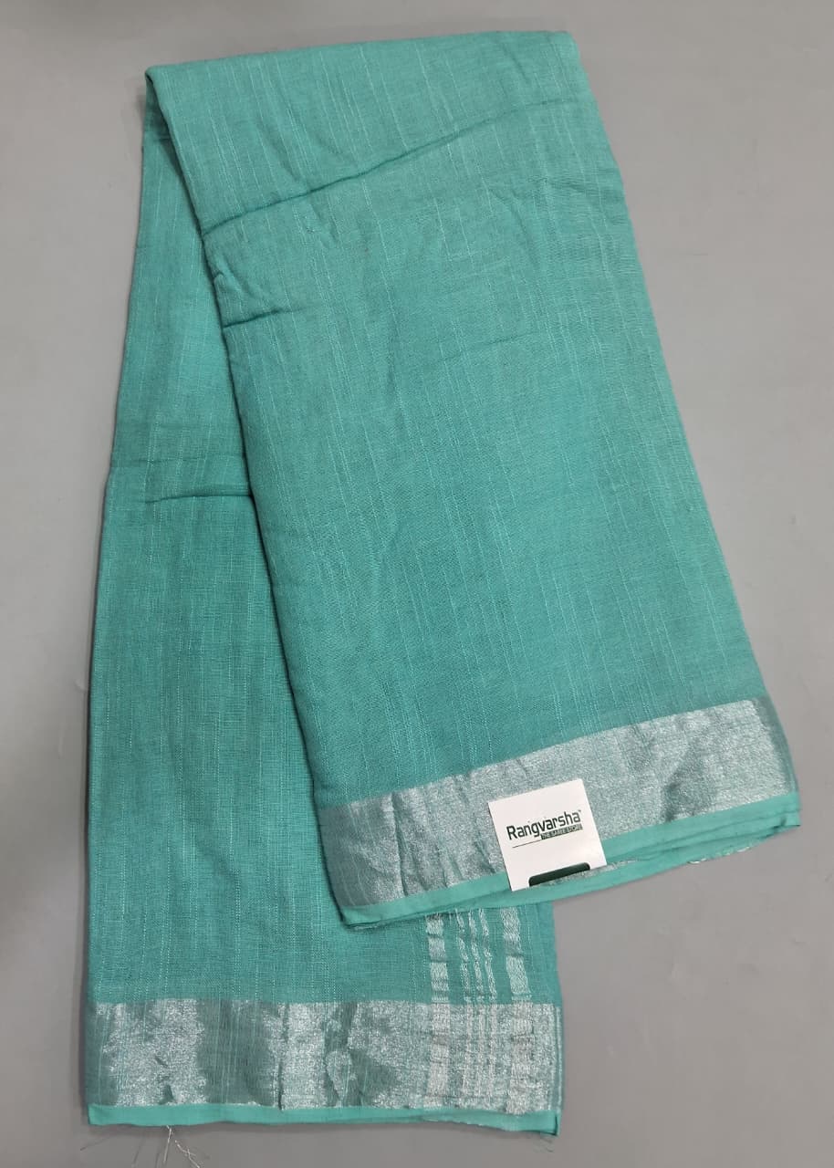 Marine Blue Plain Linen Cotton Saree