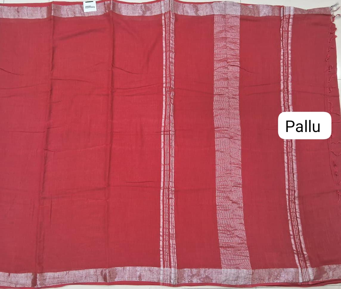 Tomato Red Plain Linen Cotton Saree pallu
