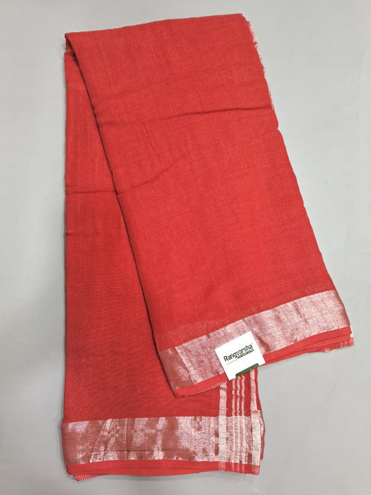 Tomato Red Plain Linen Cotton Saree