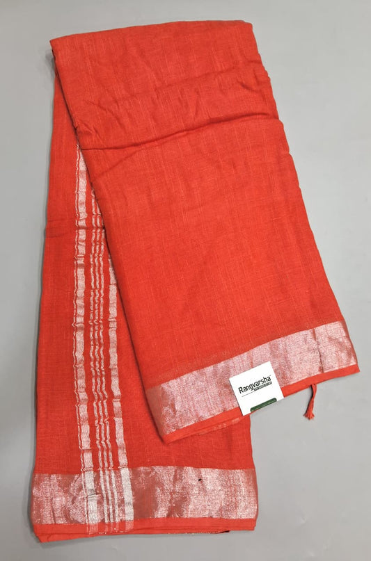 Fire Red Plain Linen Cotton Saree