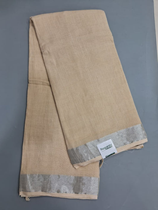 Beige Plain Linen Cotton Saree