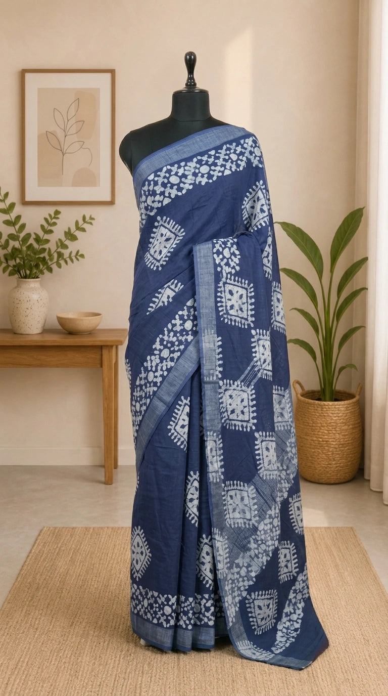 Blue Linen Cotton Saree