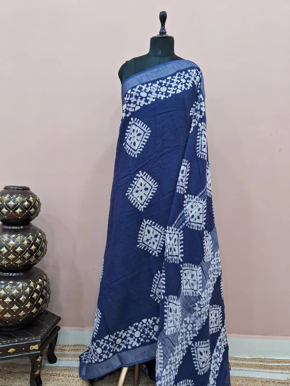 Blue Linen Cotton Saree