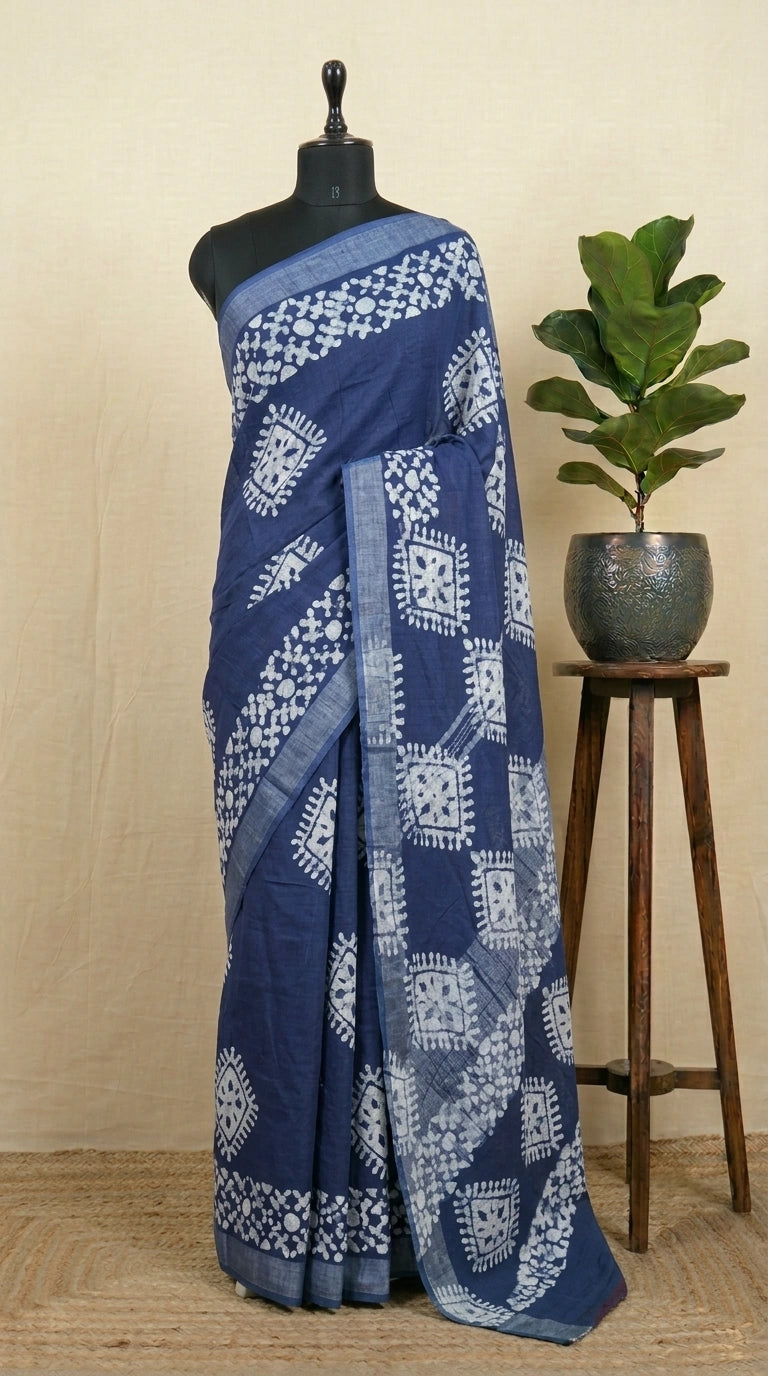 Blue Linen Cotton Saree