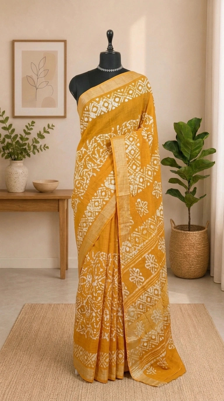 Mustard Yellow Linen Cotton Saree