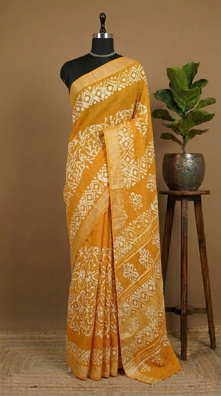 Mustard Yellow Linen Cotton Saree